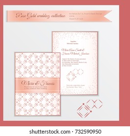 Luxury wedding invitation template with rose gold shiny realistic ribbon. Back and front card layout with pink golden pattern on white. Isolated. Design for bridal shower, save the date, banner.