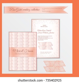 Luxury wedding invitation template with rose gold shiny realistic ribbon. Back and front card layout with pink golden pattern on white. Isolated. Design for bridal shower, save the date, banner.