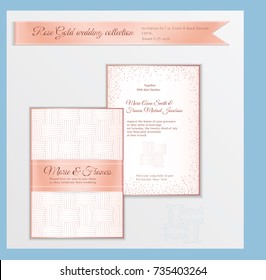 Luxury wedding invitation template with rose gold shiny realistic ribbon. Back and front card layout with pink golden pattern on white. Isolated. Design for bridal shower, save the date, banner.
