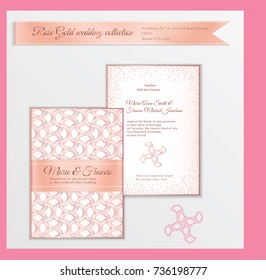 Luxury wedding invitation template with rose gold shiny realistic ribbon. Back and front card layout with pink golden pattern on white. Isolated. Design for bridal shower, save the date, banner.