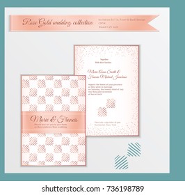 Luxury wedding invitation template with rose gold shiny realistic ribbon. Back and front card layout with pink golden pattern on white. Isolated. Design for bridal shower, save the date, banner.