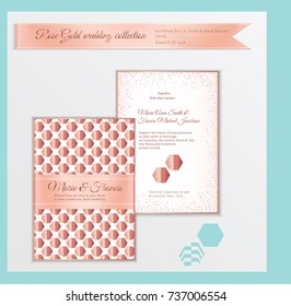 Luxury wedding invitation template with rose gold shiny realistic ribbon. Back and front card layout with pink golden pattern on white. Isolated. Design for bridal shower, save the date, banner.