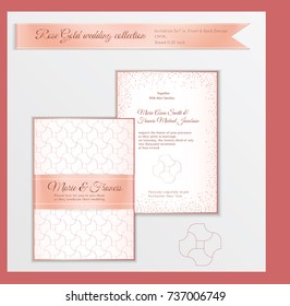 Luxury wedding invitation template with rose gold shiny realistic ribbon. Back and front card layout with pink golden pattern on white. Isolated. Design for bridal shower, save the date, banner.