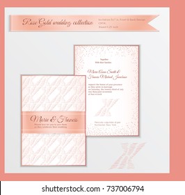 Luxury wedding invitation template with rose gold shiny realistic ribbon. Back and front card layout with pink golden pattern on white. Isolated. Design for bridal shower, save the date, banner.