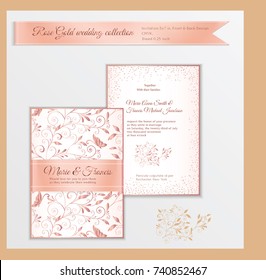 Luxury wedding invitation template with rose gold shiny realistic ribbon. Back and front card layout with pink golden pattern on white. Isolated. Design for bridal shower, save the date, banner.