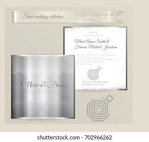 Luxury wedding invitation template with silver shiny ornament. Back and front square card layout with silver pattern on white. Isolated. Design for bridal shower, save the date, banner.