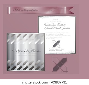 Luxury wedding invitation template with silver shiny ornament. Back and front square card layout with silver pattern on white. Isolated. Design for bridal shower, save the date, banner.