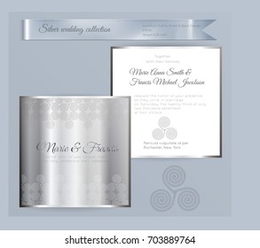 Luxury wedding invitation template with silver shiny ornament. Back and front square card layout with silver pattern on white. Isolated. Design for bridal shower, save the date, banner.
