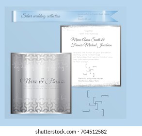 Luxury wedding invitation template with silver shiny ornament. Back and front square card layout with silver pattern on white. Isolated. Design for bridal shower, save the date, banner.