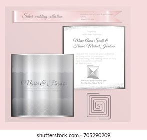 Luxury wedding invitation template with silver shiny ornament. Back and front square card layout with silver pattern on white. Isolated. Design for bridal shower, save the date, banner.