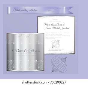 Luxury wedding invitation template with silver shiny ornament. Back and front square card layout with silver pattern on white. Isolated. Design for bridal shower, save the date, banner.