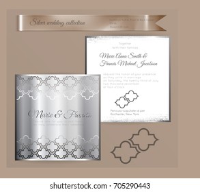 Luxury wedding invitation template with silver shiny ornament. Back and front square card layout with silver pattern on white. Isolated. Design for bridal shower, save the date, banner.