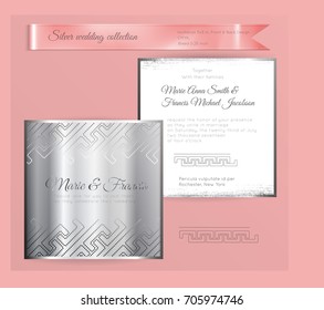 Luxury wedding invitation template with silver shiny ornament. Back and front square card layout with silver pattern on white. Isolated. Design for bridal shower, save the date, banner.