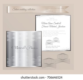 Luxury wedding invitation template with silver shiny ornament. Back and front square card layout with silver pattern on white. Isolated. Design for bridal shower, save the date, banner