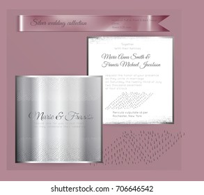 Luxury wedding invitation template with silver shiny ornament. Back and front square card layout with silver pattern on white. Isolated. Design for bridal shower, save the date, banner.