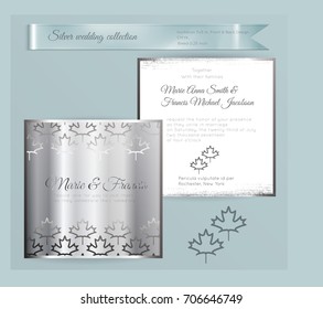 Luxury wedding invitation template with silver shiny ornament. Back and front square card layout with silver pattern on white. Isolated. Design for bridal shower, save the date, banner.