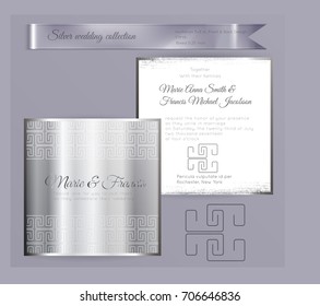 Luxury wedding invitation template with silver shiny ornament. Back and front square card layout with silver pattern on white. Isolated. Design for bridal shower, save the date, banner.