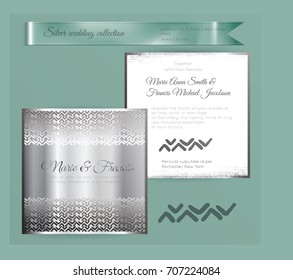Luxury wedding invitation template with silver shiny ornament. Back and front square card layout with silver pattern on white. Isolated. Design for bridal shower, save the date, banner.