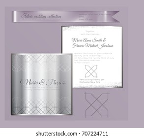 Luxury wedding invitation template with silver shiny ornament. Back and front square card layout with silver pattern on white. Isolated. Design for bridal shower, save the date, banner.