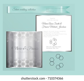 Luxury wedding invitation template with silver shiny ornament. Back and front square card layout with silver pattern on white. Isolated. Design for bridal shower, save the date, banner.