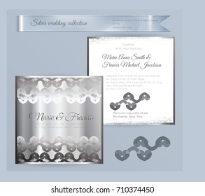 Luxury wedding invitation template with silver shiny ornament. Back and front square card layout with silver pattern on white. Isolated. Design for bridal shower, save the date, banner.
