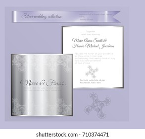 Luxury wedding invitation template with silver shiny ornament. Back and front square card layout with silver pattern on white. Isolated. Design for bridal shower, save the date, banner.