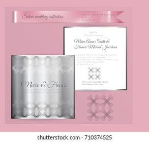 Luxury wedding invitation template with silver shiny ornament. Back and front square card layout with silver pattern on white. Isolated. Design for bridal shower, save the date, banner.