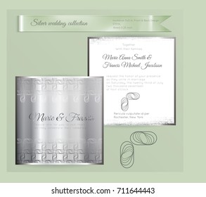 Luxury wedding invitation template with silver shiny ornament. Back and front square card layout with silver pattern on white. Isolated. Design for bridal shower, save the date, banner.