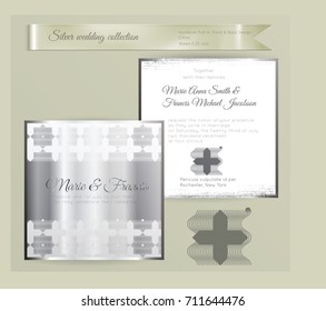 Luxury wedding invitation template with silver shiny ornament. Back and front square card layout with silver pattern on white. Isolated. Design for bridal shower, save the date, banner.
