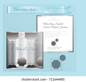 Luxury wedding invitation template with silver shiny ornament. Back and front square card layout with silver pattern on white. Isolated. Design for bridal shower, save the date, banner.