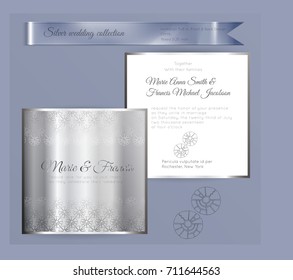 Luxury wedding invitation template with silver shiny ornament. Back and front square card layout with silver pattern on white. Isolated. Design for bridal shower, save the date, banner.
