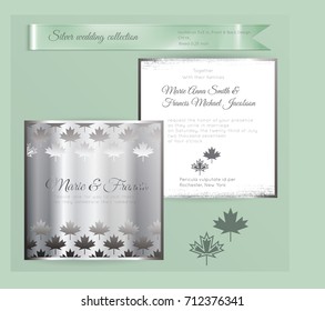 Luxury wedding invitation template with silver shiny ornament. Back and front square card layout with silver pattern on white. Isolated. Design for bridal shower, save the date, banner.
