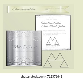 Luxury wedding invitation template with silver shiny ornament. Back and front square card layout with silver pattern on white. Isolated. Design for bridal shower, save the date, banner.