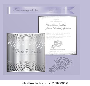 Luxury wedding invitation template with silver shiny ornament. Back and front square card layout with silver pattern on white. Isolated. Design for bridal shower, save the date, banner.