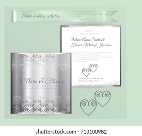 Luxury wedding invitation template with silver shiny ornament. Back and front square card layout with silver pattern on white. Isolated. Design for bridal shower, save the date, banner.