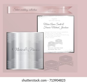 Luxury wedding invitation template with silver shiny ornament. Back and front square card layout with silver pattern on white. Isolated. Design for bridal shower, save the date, banner.