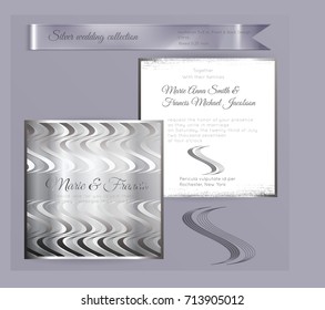 Luxury wedding invitation template with silver shiny ornament. Back and front square card layout with silver pattern on white. Isolated. Design for bridal shower, save the date, banner.