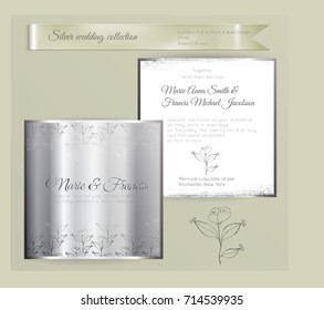 Luxury wedding invitation template with silver shiny ornament. Back and front square card layout with silver pattern on white. Isolated. Design for bridal shower, save the date, banner.