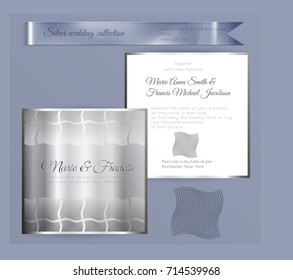 Luxury wedding invitation template with silver shiny ornament. Back and front square card layout with silver pattern on white. Isolated. Design for bridal shower, save the date, banner.