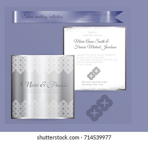 Luxury wedding invitation template with silver shiny ornament. Back and front square card layout with silver pattern on white. Isolated. Design for bridal shower, save the date, banner.