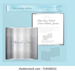 Luxury wedding invitation template with silver shiny ornament. Back and front square card layout with silver pattern on white. Isolated. Design for bridal shower, save the date, banner.