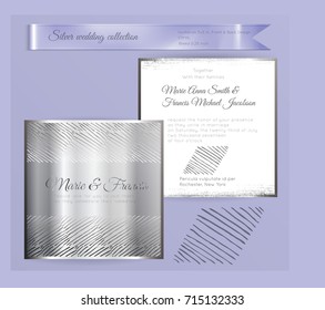 Luxury wedding invitation template with silver shiny ornament. Back and front square card layout with silver pattern on white. Isolated. Design for bridal shower, save the date, banner.
