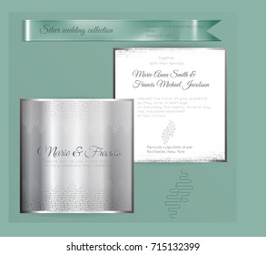 Luxury wedding invitation template with silver shiny ornament. Back and front square card layout with silver pattern on white. Isolated. Design for bridal shower, save the date, banner.