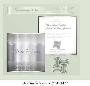 Luxury wedding invitation template with silver shiny ornament. Back and front square card layout with silver pattern on white. Isolated. Design for bridal shower, save the date, banner.