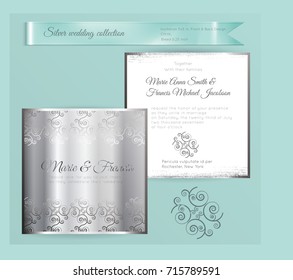 Luxury wedding invitation template with silver shiny ornament. Back and front square card layout with silver pattern on white. Isolated. Design for bridal shower, save the date, banner.