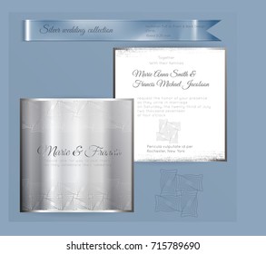 Luxury wedding invitation template with silver shiny ornament. Back and front square card layout with silver pattern on white. Isolated. Design for bridal shower, save the date, banner.