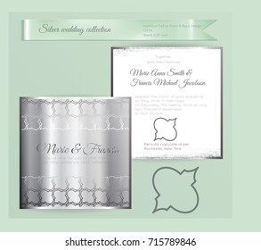 Luxury wedding invitation template with silver shiny ornament. Back and front square card layout with silver pattern on white. Isolated. Design for bridal shower, save the date, banner.