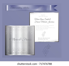 Luxury wedding invitation template with silver shiny ornament. Back and front square card layout with silver pattern on white. Isolated. Design for bridal shower, save the date, banner.