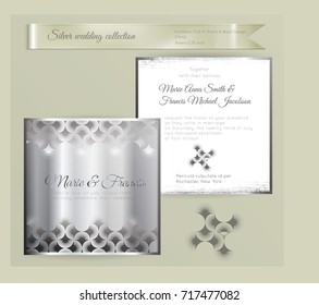 Luxury wedding invitation template with silver shiny ornament. Back and front square card layout with silver pattern on white. Isolated. Design for bridal shower, save the date, banner.