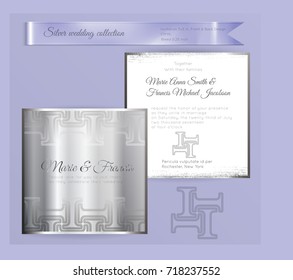 Luxury wedding invitation template with silver shiny ornament. Back and front square card layout with silver pattern on white. Isolated. Design for bridal shower, save the date, banner.